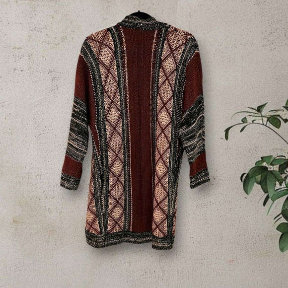 Open Front Long Knit Cardigan in Burgundy - Picture 2 of 15